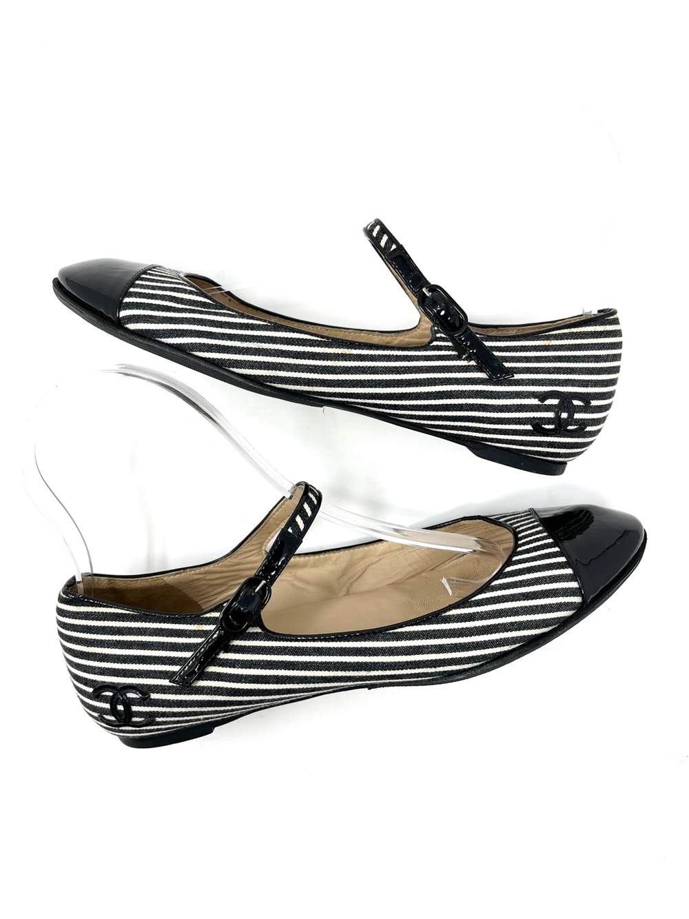Vintage Vtg Chanel Mary Jane Ballet Flats Black White Striped Cap Toe CC Logo 37 - Picture 2 of 11